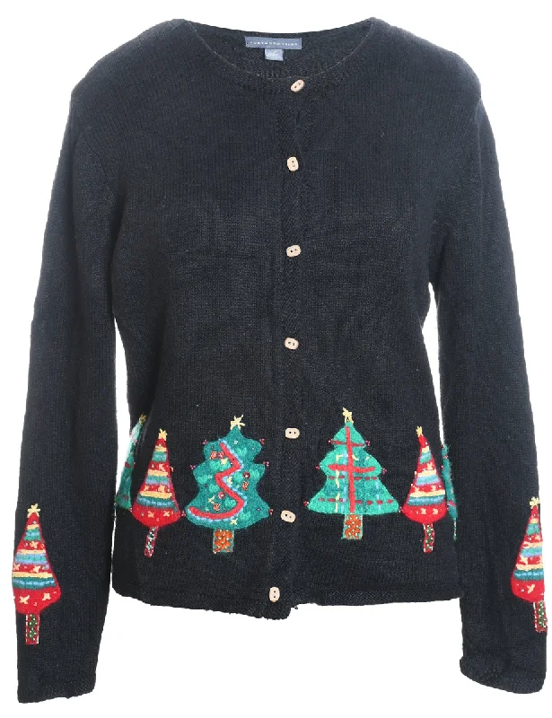 Stylish Ease Black Christmas Tree Design Cardigan - L