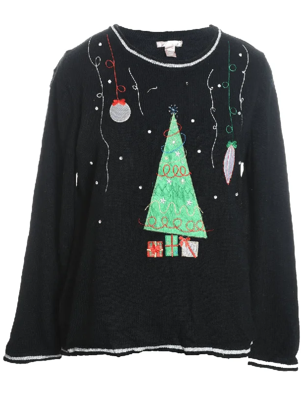 Soft Fabric Looks Black Christmas Tree Design Jumper - L