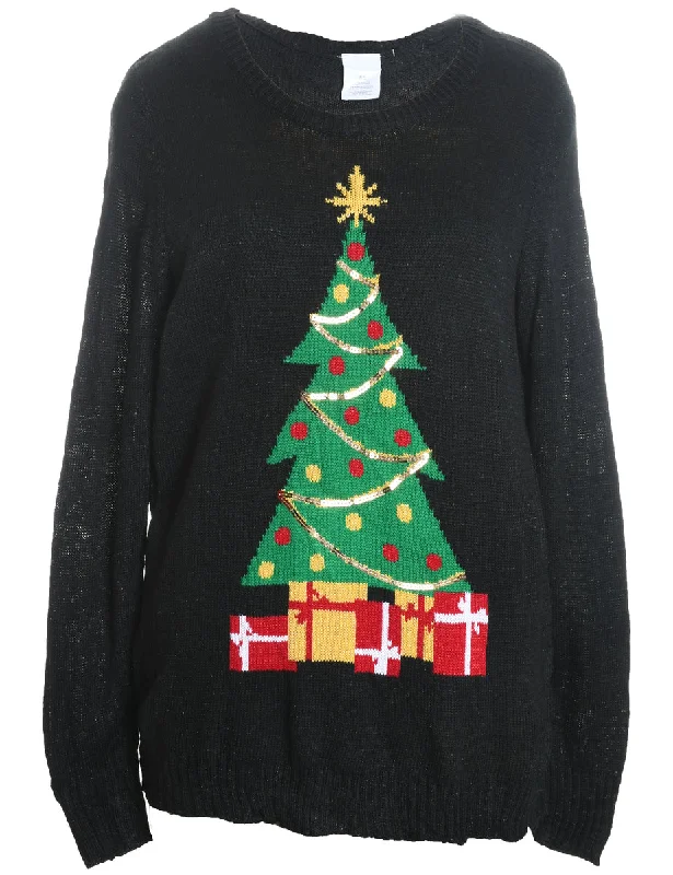 Cozy Fashion Trends Black Christmas Tree Design Knit Jumper - XL