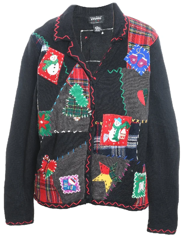 Cozy Outerwear Black Embroidered Button-Front Christmas Cardigan  - M