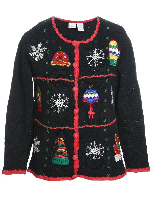 Simple Comfort Black Embroidered Button-Front Christmas Cardigan  - S