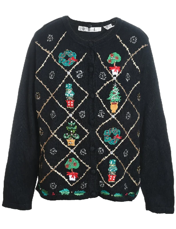 Soft Wear Black Embroidered Christmas Cardigan  - L