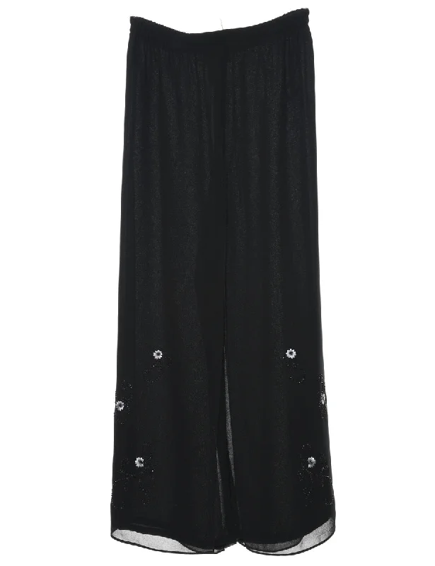 Fashionable And Versatile Black Embroidered Daisy Design Trousers  - W28 L27