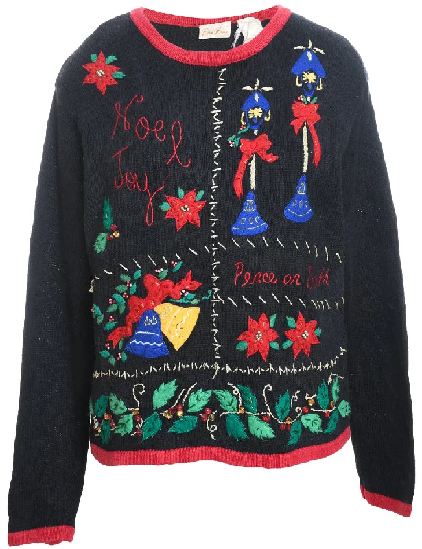 Soft Fabrics Black Embroidered Floral Christmas Jumper - M