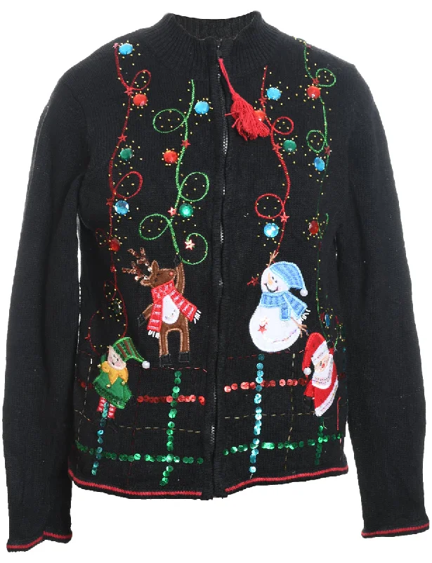 Breezy Comfort Black Embroidered Zip-Front Sequined Christmas Cardigan  - L