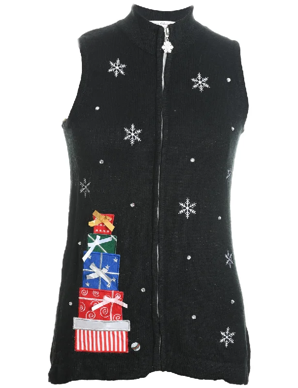 Stylish Fit Black Knit Present Design Christmas Vest - S