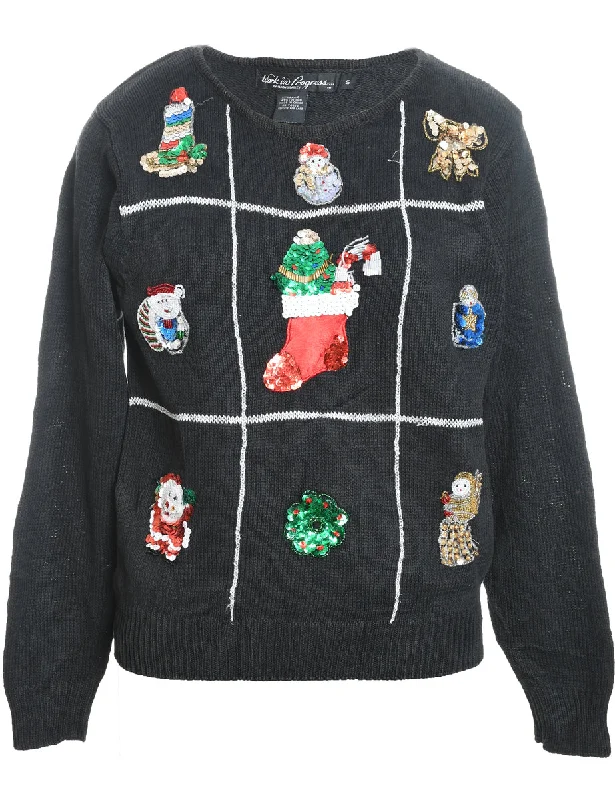 Modern Comfort Black Knit Sequined Christmas Cardigan  - S