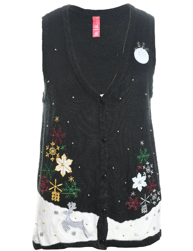 Denim Design Black Reindeer Design Knit Vest - S