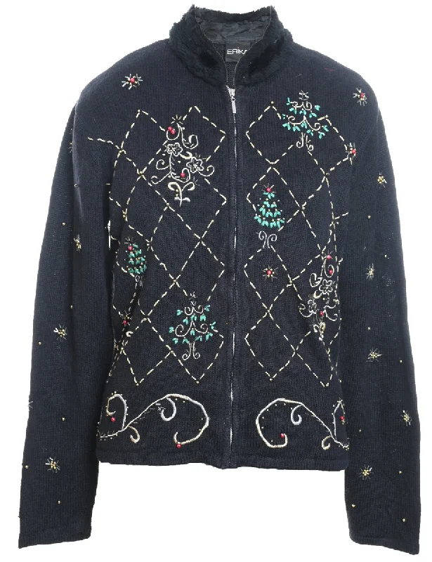 Warm Wear Black Zip-Front Embroidered Christmas Cardigan  - M
