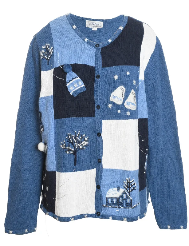 Sporty Elegance Blue Festive Design Christmas Cardigan  - L
