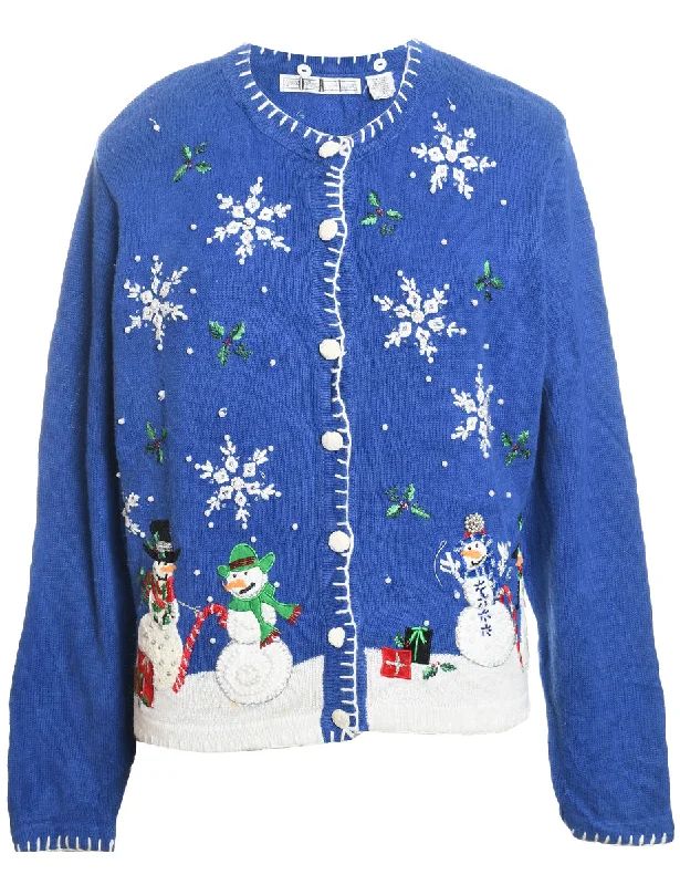 Simple Style Blue & White Embroidered Snowman Christmas Cardigan  - L