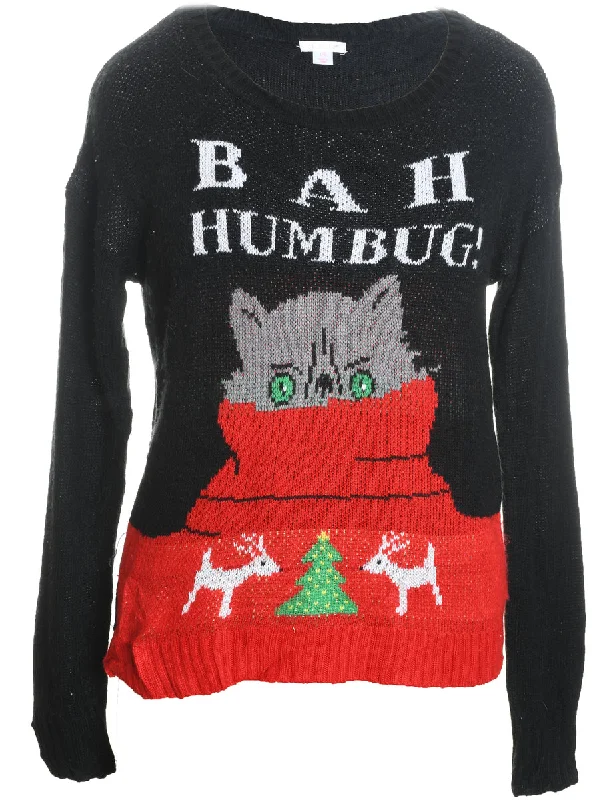 Hooded design Cat Design Black & Red Knit Jumper - L