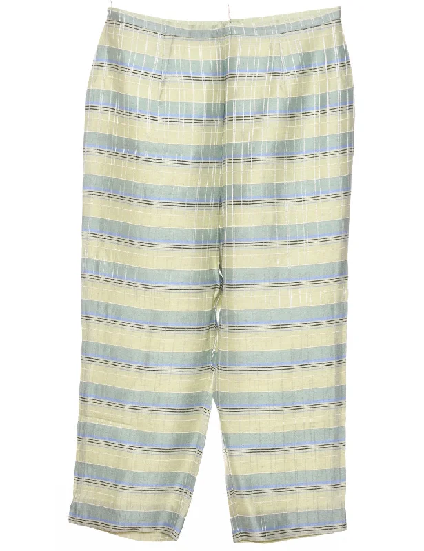 Embroidery Design Checked Light Yellow, Green & Blue Silk Trousers - W30 L22