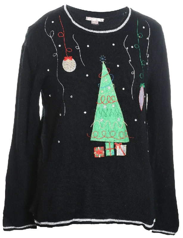 Casual Style Christmas Tree Design Black Embroidered Knit Jumper - M