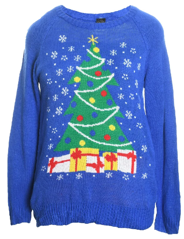 Thin Design Christmas Tree Design Blue Knit Jumper - M