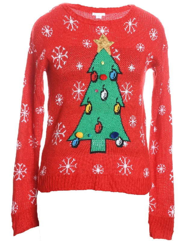 Cozy Street Style Christmas Tree Design Red Knit Jumper - M