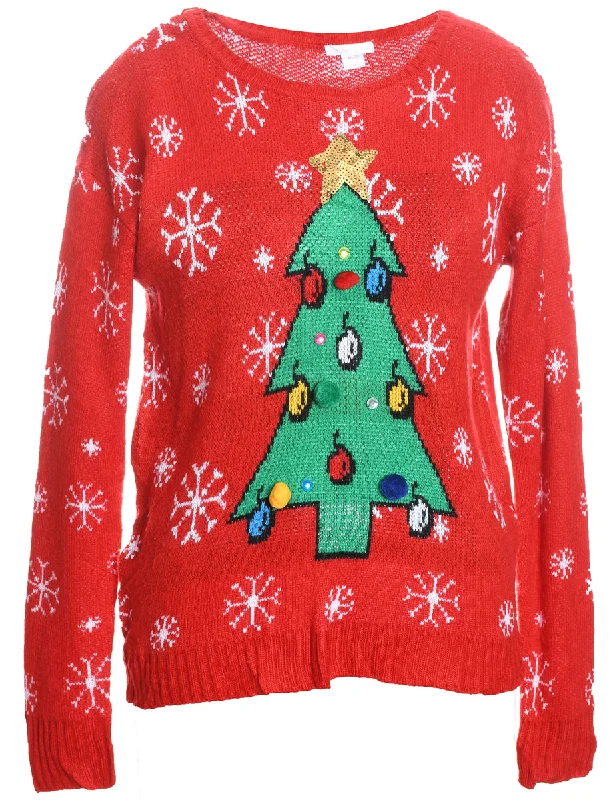 Unique Design Christmas Tree Design Red Knit Jumper - XL
