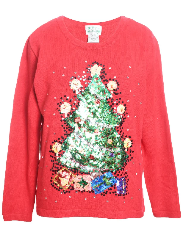 Cozy Knits Christmas Tree Design Red Sequined Jumper - L