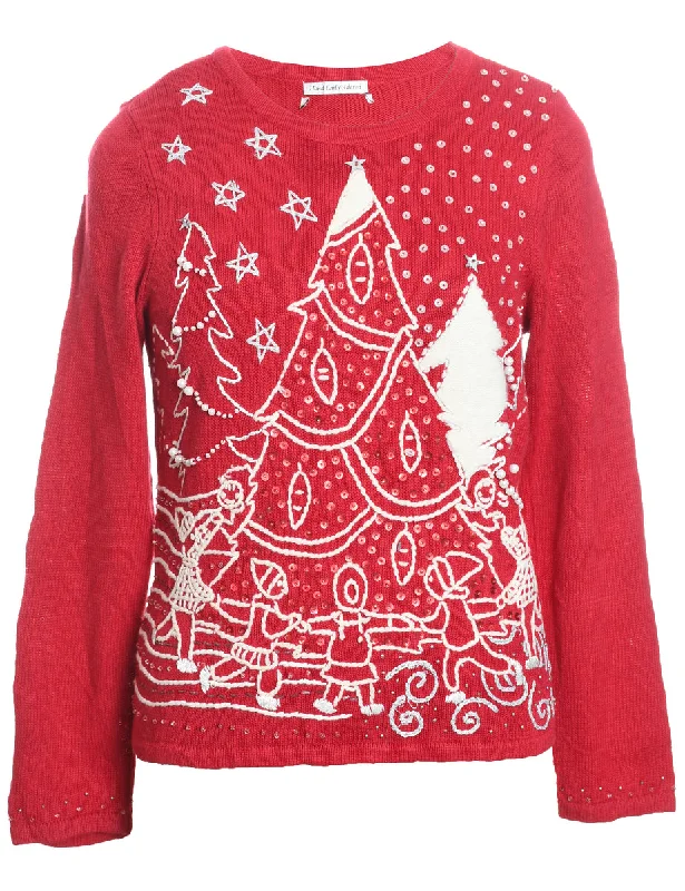 Smart Comfort Christmas Tree Design Red & White Sequined Jumper - M