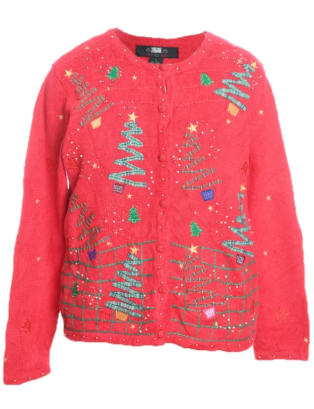 Fresh Comfort Christmas Tree Print Cardigan - S