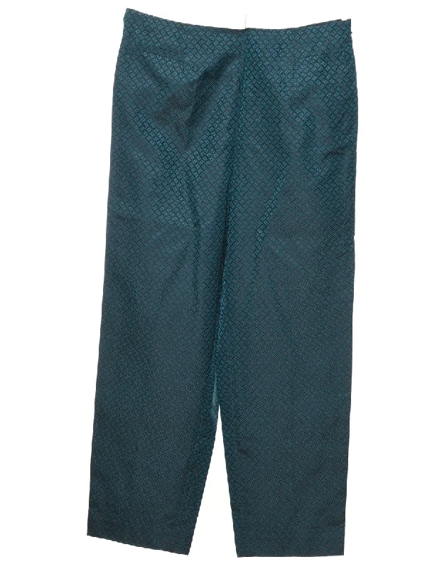 Classic And Versatile Dark Green Patterned Silk Trousers - W32 L29