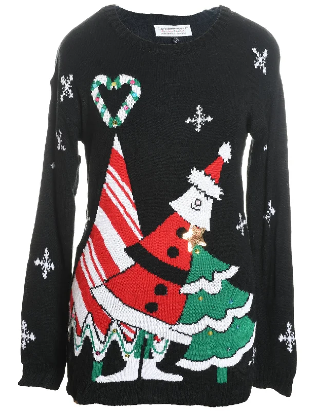 Modern Comfort Wear Festive Design Black Knit Christmas Jumper - S