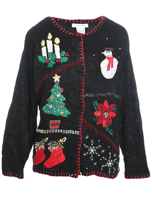 Exquisite Tailoring Festive Design Black Sparkly Embroidered Christmas Cardigan - M