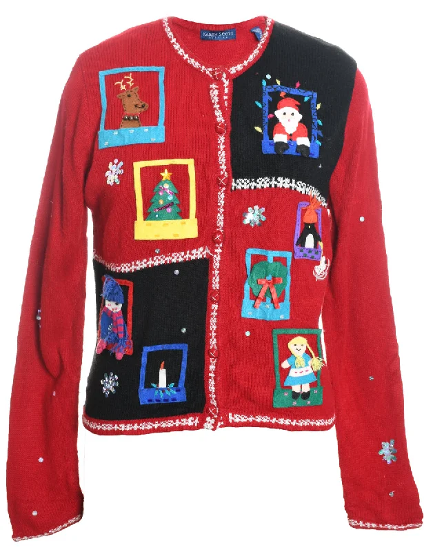 Urban Comfort Festive Design Red Christmas Cardigan - M