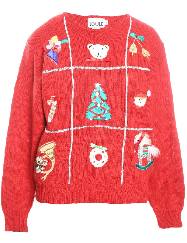 Comfortable Tops Festive Design Red Knit Christmas Jumper - M