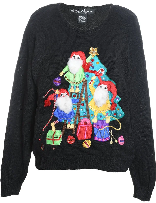 Easy Style Festive Print Black Knit Christmas Jumper - M