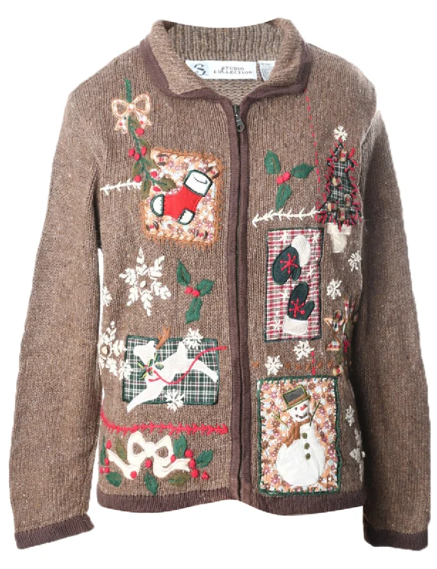 Relaxed Tops Festive Print Christmas Cardigan - L