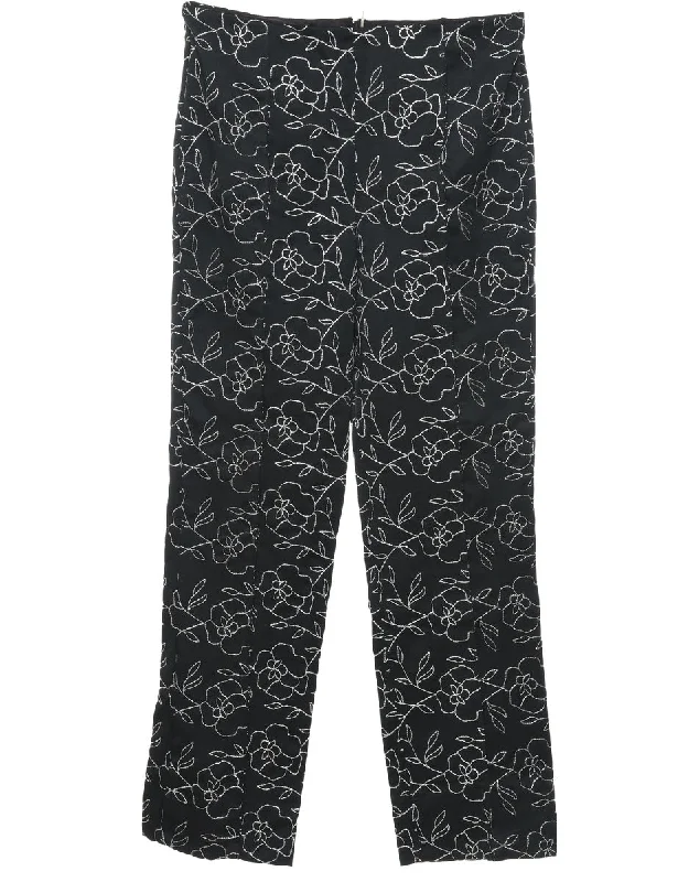 Creative Prints Floral Print Black & White Illustrated Trousers - W32 L32