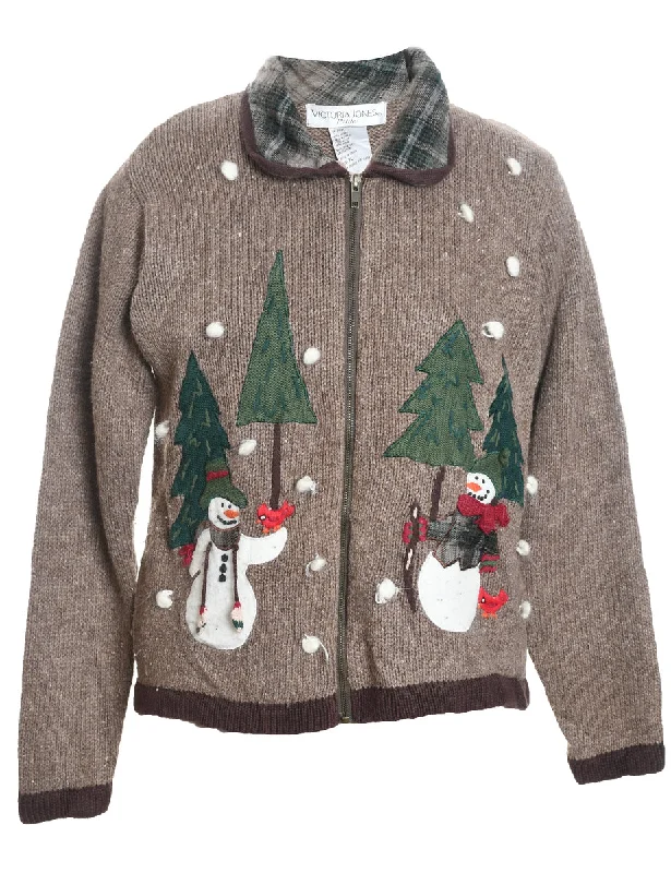 Soft Textures Light Brown Snowman Design Zip-Front Christmas Cardigan - L