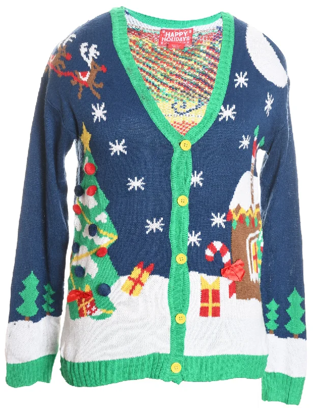 Cozy Essentials Wear Multi-Colour Festive Design Christmas Cardigan  - M