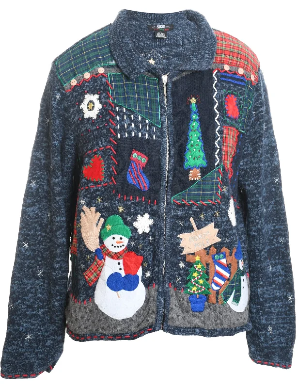 Casual Chic Wear Navy Embroidered Christmas Cardigan. - L