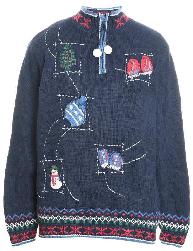Trendy Looks Navy, Red & White Embroidered Christmas Jumper  - M