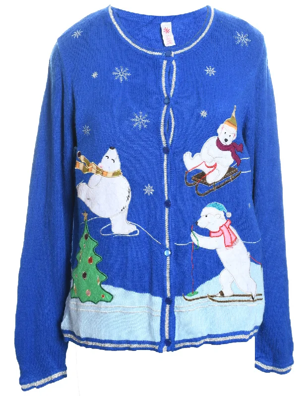 French Style Polar Bear Design Blue Knit Christmas Cardigan - L