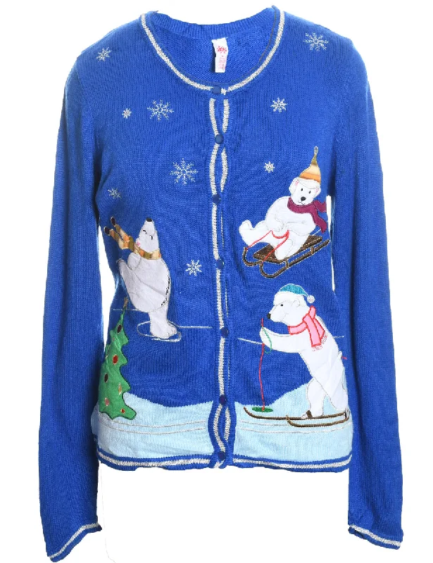 Romantic And Fresh Polar Bear Design Blue Knit Christmas Cardigan - M
