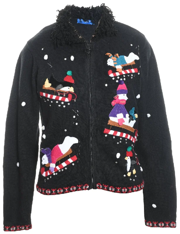 Wearable At Home Or Out Polar Bear Design Faux Fur Trim Christmas Cardigan - M