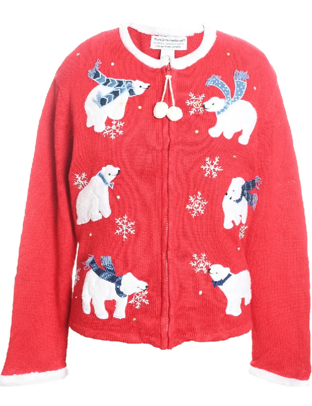 Soft Touch Polar Bear Design Red & White Appliqued Christmas Cardigan - L