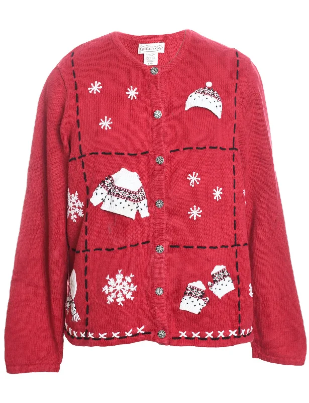 Versatile Comfort Red Embroidered Christmas Cardigan - L