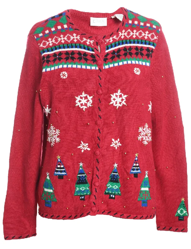 Trendy Wear Red Embroidered Christmas Cardigan  - M