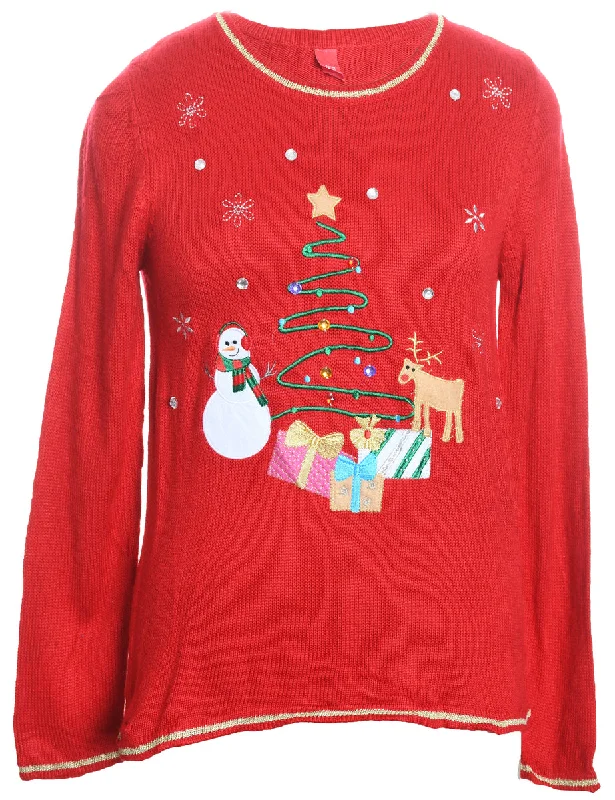 High-end Design Red Embroidered Christmas Jumper - S
