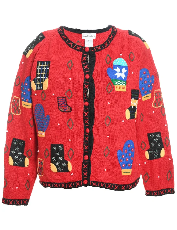 Relaxed Wear Red Embroidered Christmas Stocking Design Cardigan  - M