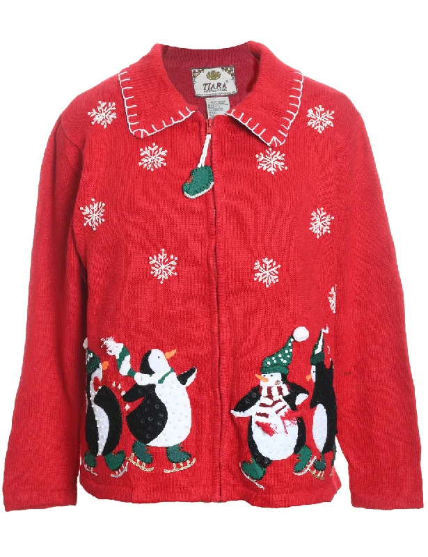 Cozy Chic Wear Red Embroidered Zip-Front Christmas Cardigan  - M