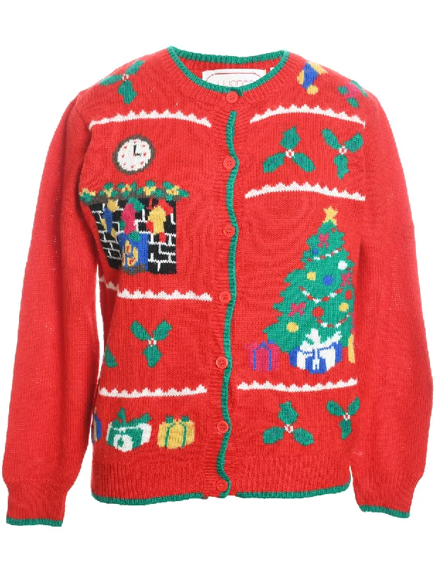 Urban Chic Red & Green Knit Embroidered Christmas Cardigan  - S