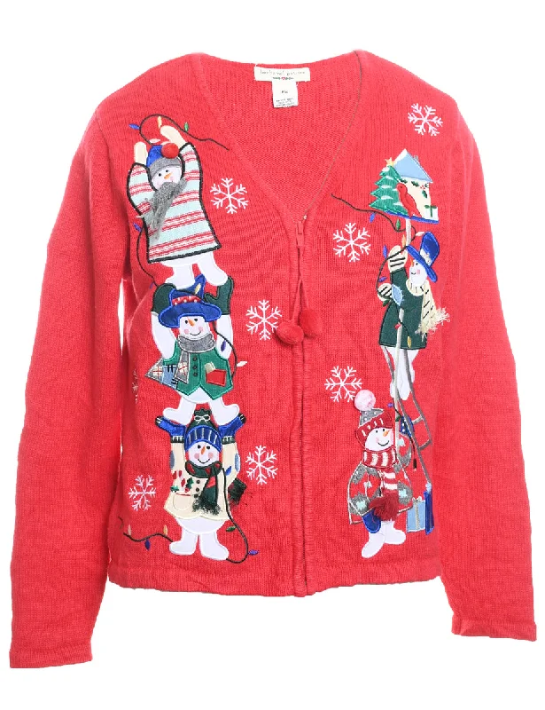 Trendy Comfort Wear Red Knit Snowman Design Christmas Cardigan - M
