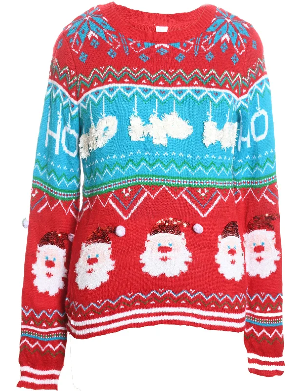 Cozy Chic Trends Red & Light Blue Patterned Christmas Jumper - L
