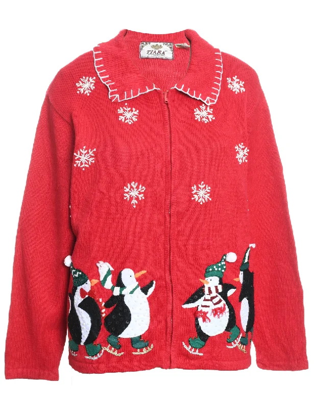 Chic Relaxation Red Penguin Design Christmas Cardigan - L