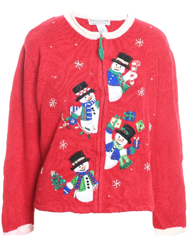 Relaxed Chic Red Snowman Design Embroidered Zip-Front Cardigan  - M